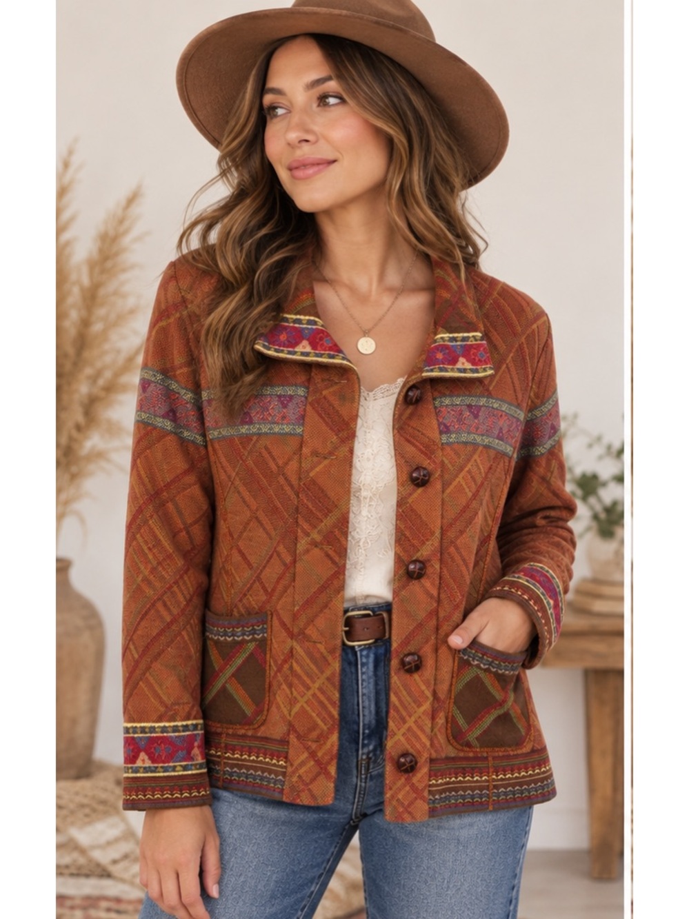 Coldwater Creek Orange Multicolor Boho Western Patterned Button Jacket Medium